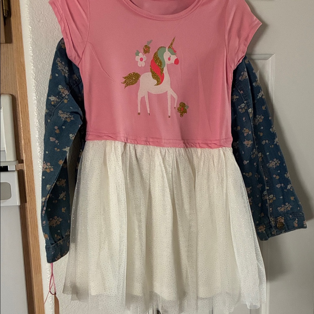 NWT Kids Floral Blue Denim Jacket/ Unicorn dress with sparkly bottom. - Picture 5 of 5